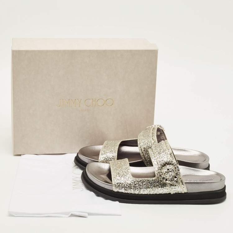Pre Owned Jimmy Choo Marga Size 41 Silver Glitter and Leather Crystal Embellished Flat Sandals