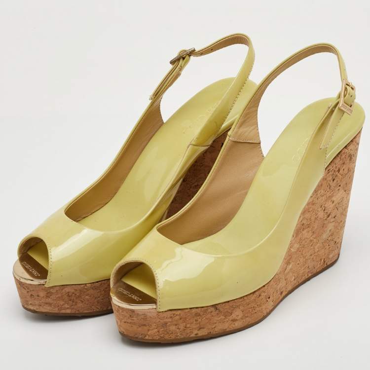 Pre Owned Jimmy Choo Praise Cork Size 39 Yellow Patent Leather Platform Slingback Wedge Sandals