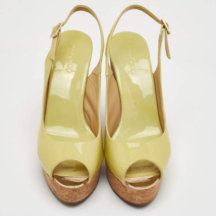 Pre Owned Jimmy Choo Praise Cork Size 39 Yellow Patent Leather Platform Slingback Wedge Sandals