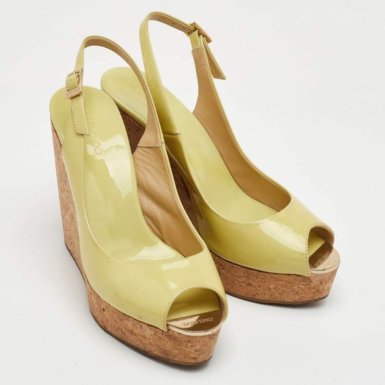 Pre Owned Jimmy Choo Praise Cork Size 39 Yellow Patent Leather Platform Slingback Wedge Sandals