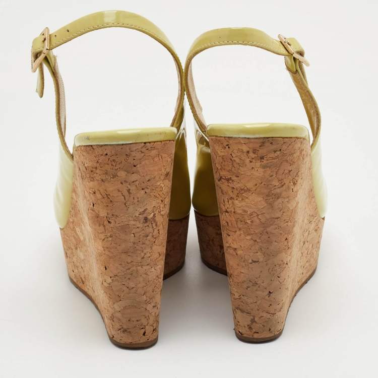 Pre Owned Jimmy Choo Praise Cork Size 39 Yellow Patent Leather Platform Slingback Wedge Sandals
