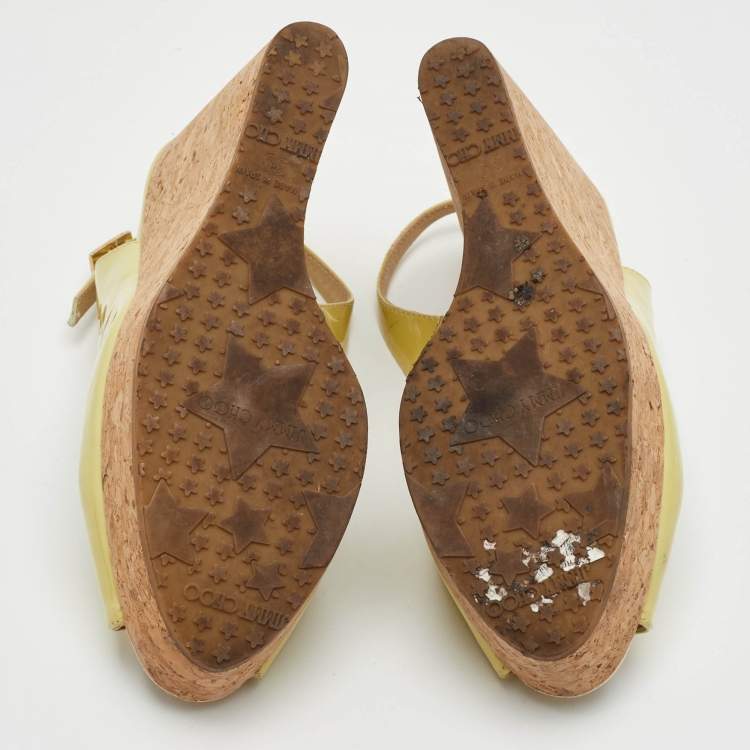 Pre Owned Jimmy Choo Praise Cork Size 39 Yellow Patent Leather Platform Slingback Wedge Sandals