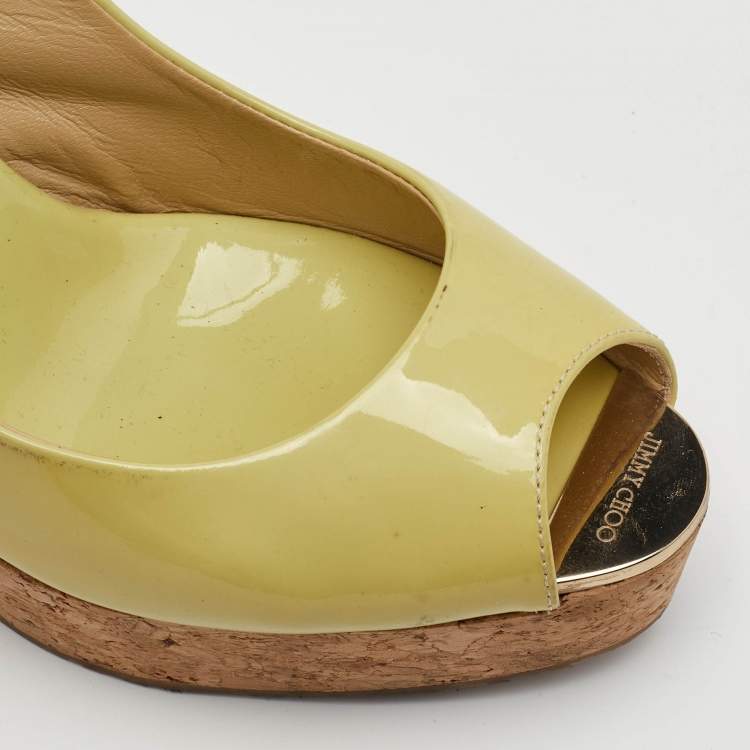 Pre Owned Jimmy Choo Praise Cork Size 39 Yellow Patent Leather Platform Slingback Wedge Sandals