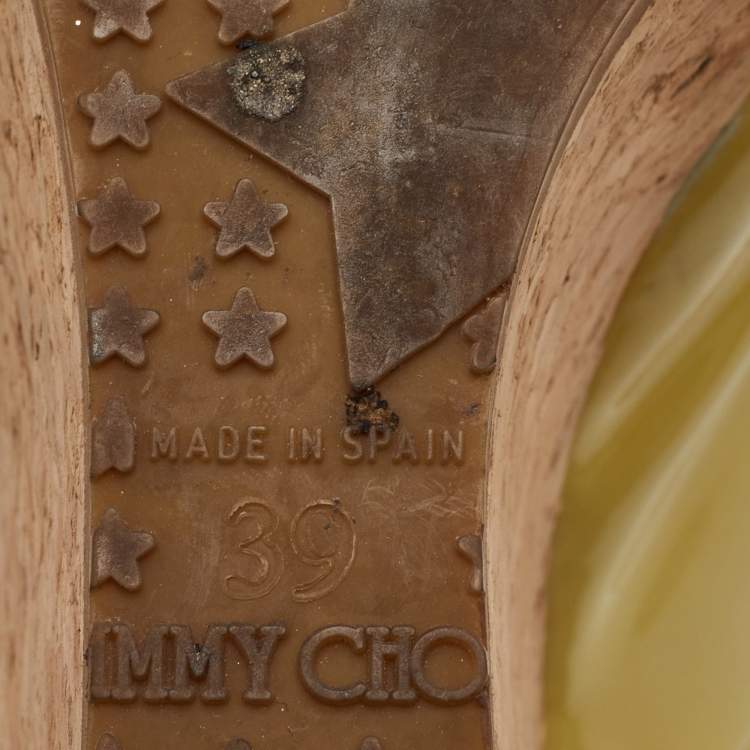 Pre Owned Jimmy Choo Praise Cork Size 39 Yellow Patent Leather Platform Slingback Wedge Sandals