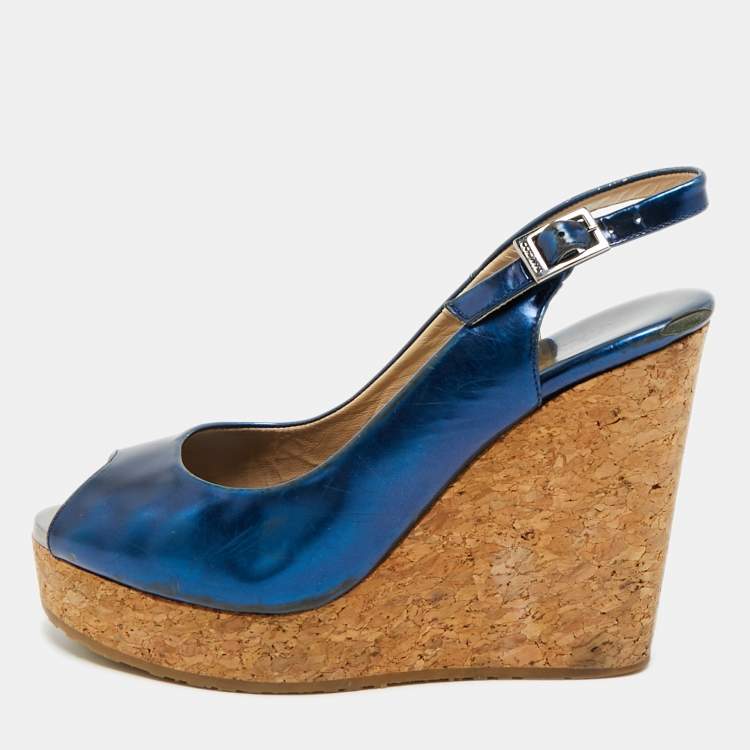 Pre Owned Jimmy Choo Prova Size 36.5 Metallic Blue Leather Wedge Sandals