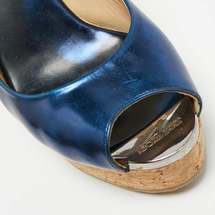 Pre Owned Jimmy Choo Prova Size 36.5 Metallic Blue Leather Wedge Sandals