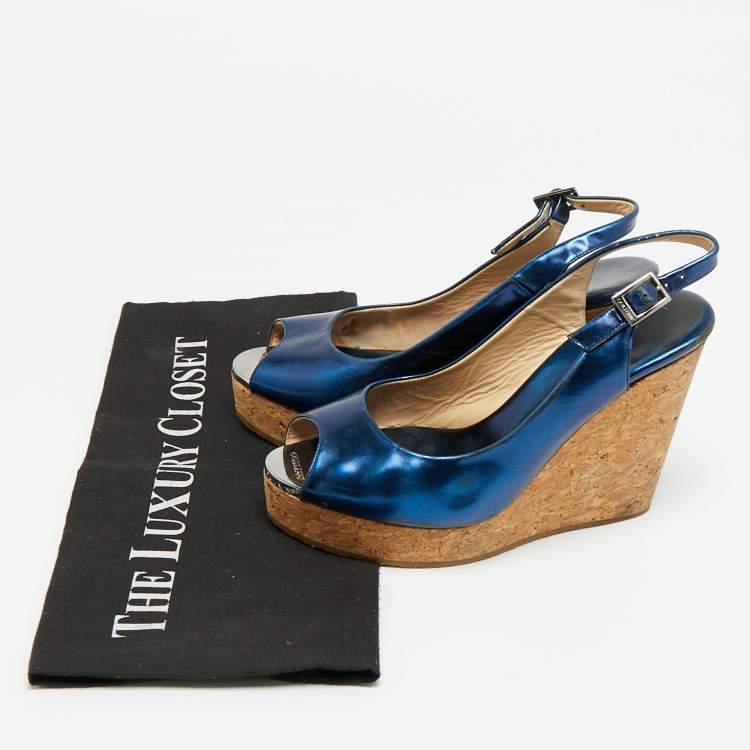 Pre Owned Jimmy Choo Prova Size 36.5 Metallic Blue Leather Wedge Sandals