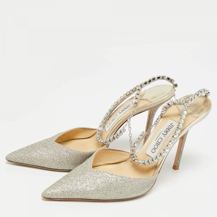 مملوكة مسبقًا Jimmy Choo Saeda Size 38 Gold Glitter Ankle Strap Pumps