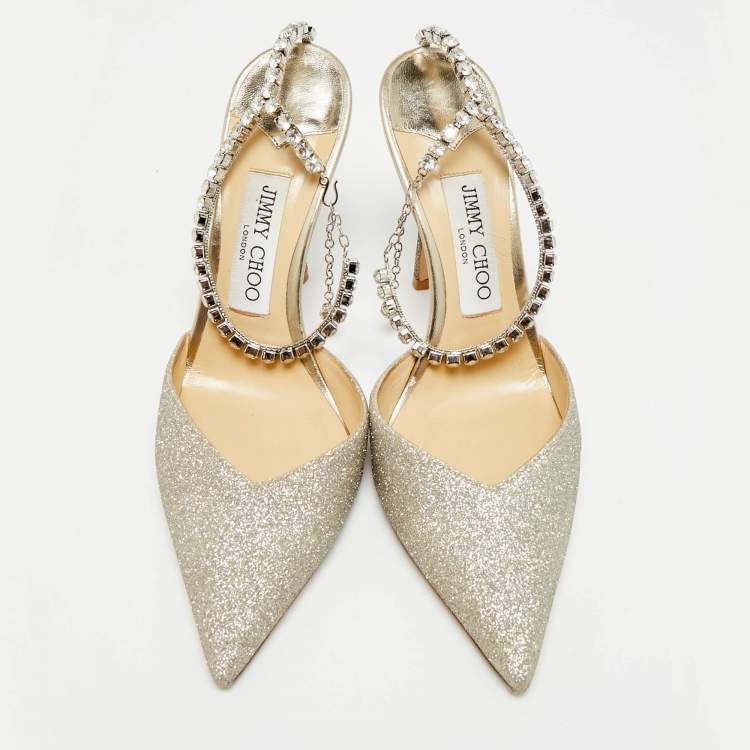 مملوكة مسبقًا Jimmy Choo Saeda Size 38 Gold Glitter Ankle Strap Pumps