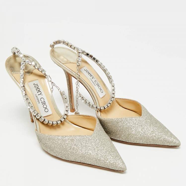 مملوكة مسبقًا Jimmy Choo Saeda Size 38 Gold Glitter Ankle Strap Pumps