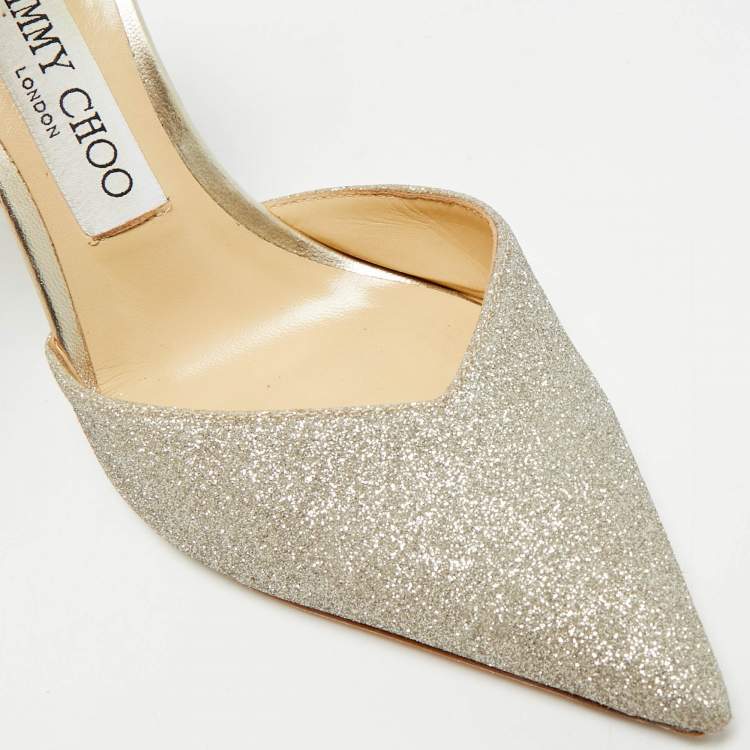 مملوكة مسبقًا Jimmy Choo Saeda Size 38 Gold Glitter Ankle Strap Pumps