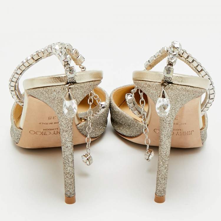 مملوكة مسبقًا Jimmy Choo Saeda Size 38 Gold Glitter Ankle Strap Pumps