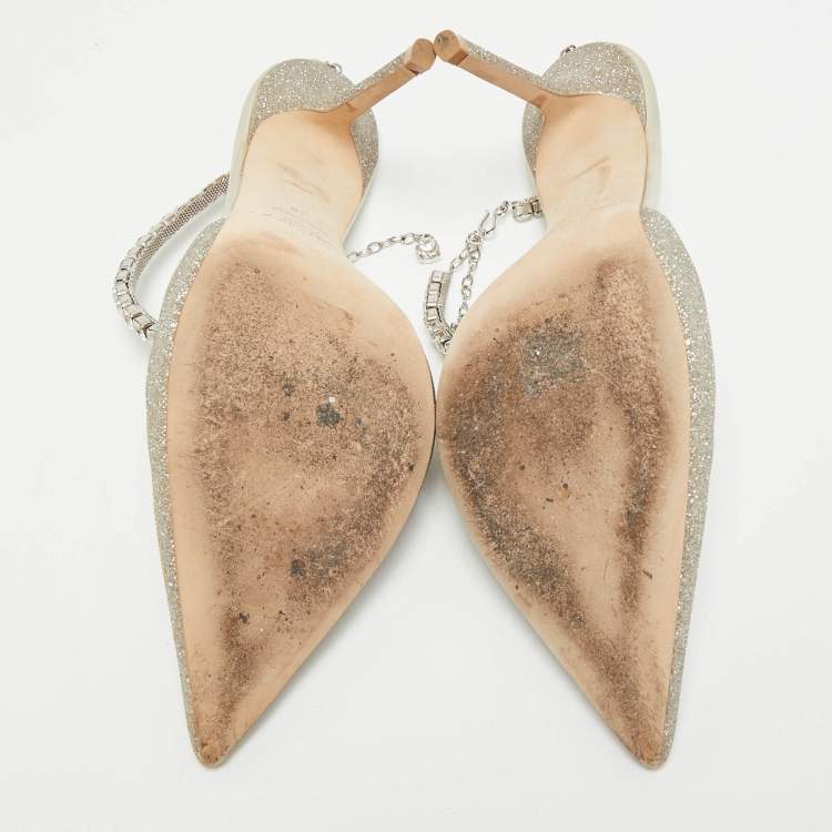 مملوكة مسبقًا Jimmy Choo Saeda Size 38 Gold Glitter Ankle Strap Pumps