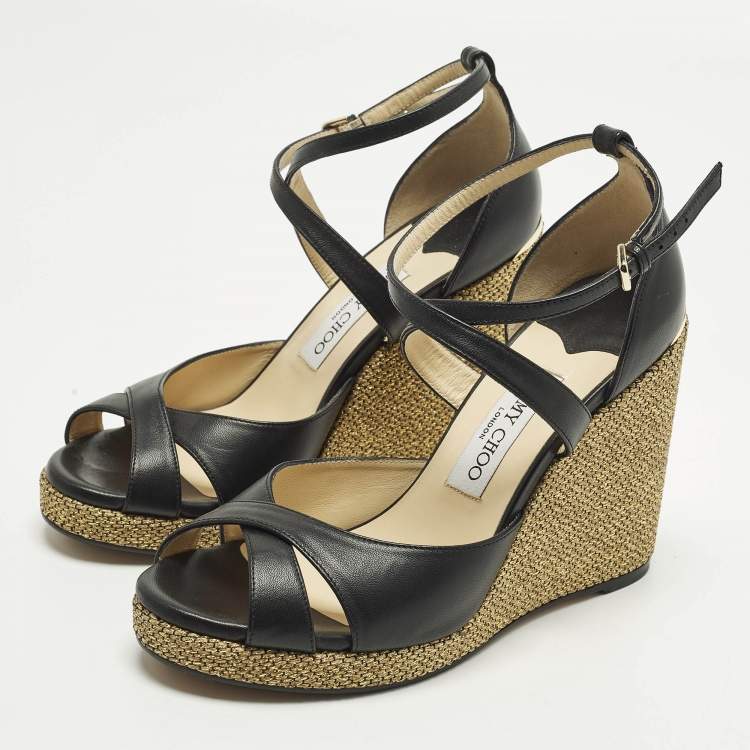 Pre Owned Jimmy Choo Alanah Size 39 Black Leather Wedge Sandals