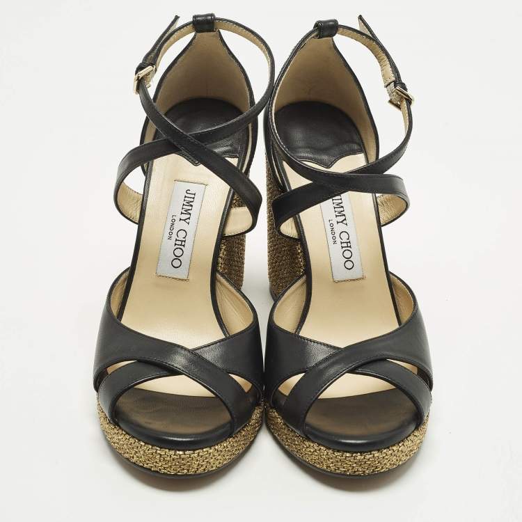 Pre Owned Jimmy Choo Alanah Size 39 Black Leather Wedge Sandals