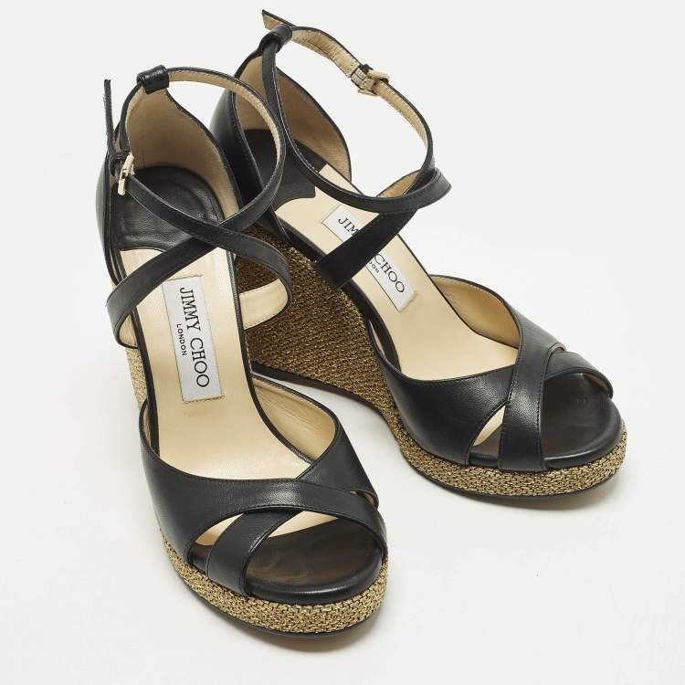 Pre Owned Jimmy Choo Alanah Size 39 Black Leather Wedge Sandals