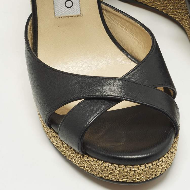 Pre Owned Jimmy Choo Alanah Size 39 Black Leather Wedge Sandals