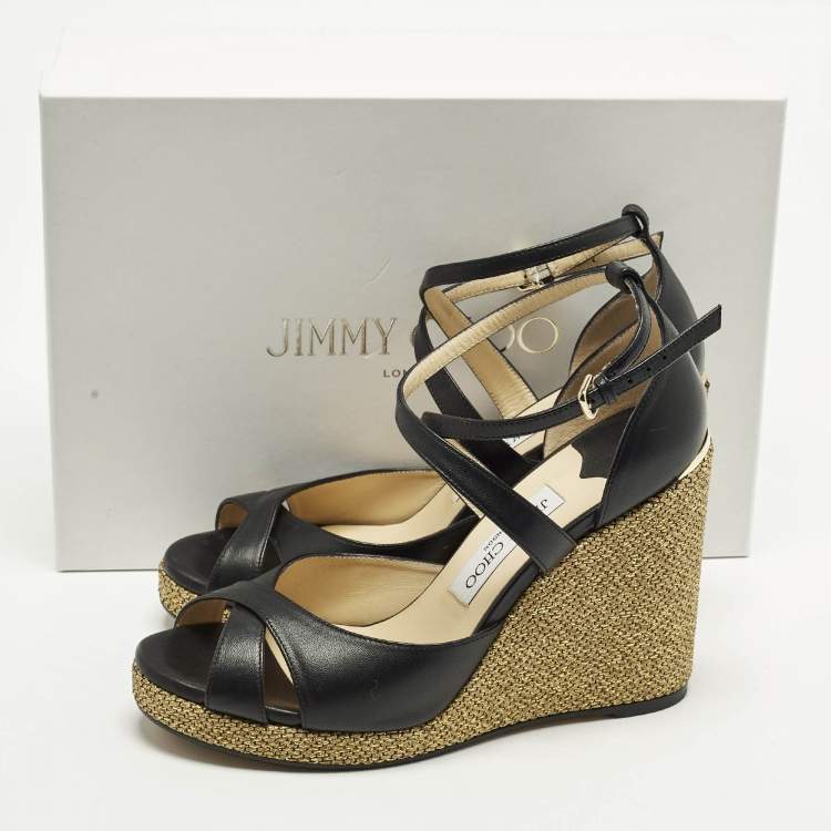 Pre Owned Jimmy Choo Alanah Size 39 Black Leather Wedge Sandals