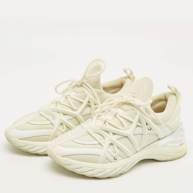 Pre Owned Jimmy Choo Cosmos Size 37 White Leather and Neoprene Low Top Sneakers