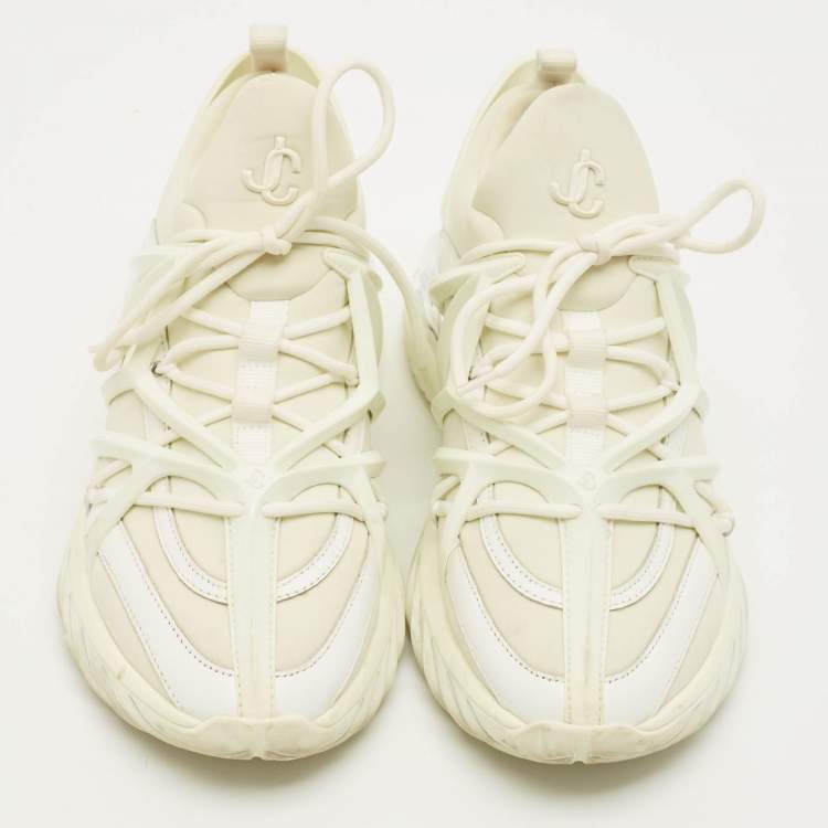 Pre Owned Jimmy Choo Cosmos Size 37 White Leather and Neoprene Low Top Sneakers