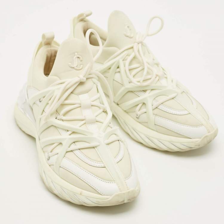 Pre Owned Jimmy Choo Cosmos Size 37 White Leather and Neoprene Low Top Sneakers