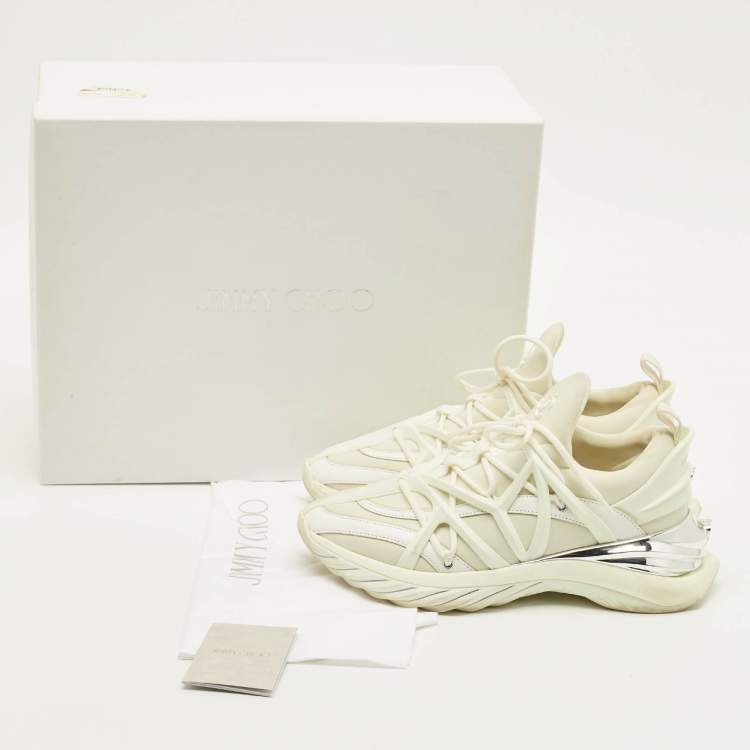 Pre Owned Jimmy Choo Cosmos Size 37 White Leather and Neoprene Low Top Sneakers