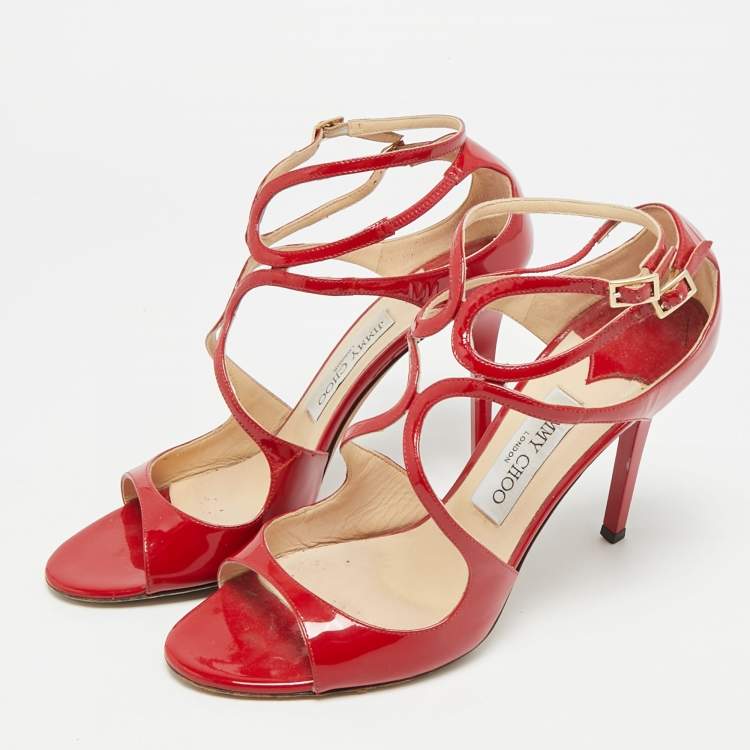 Pre Owned Jimmy Choo Lance Size 40 Red Patent Leather Ankle Strap Sandals