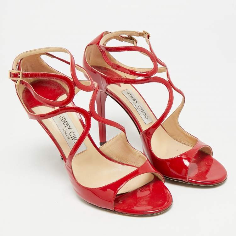 Pre Owned Jimmy Choo Lance Size 40 Red Patent Leather Ankle Strap Sandals