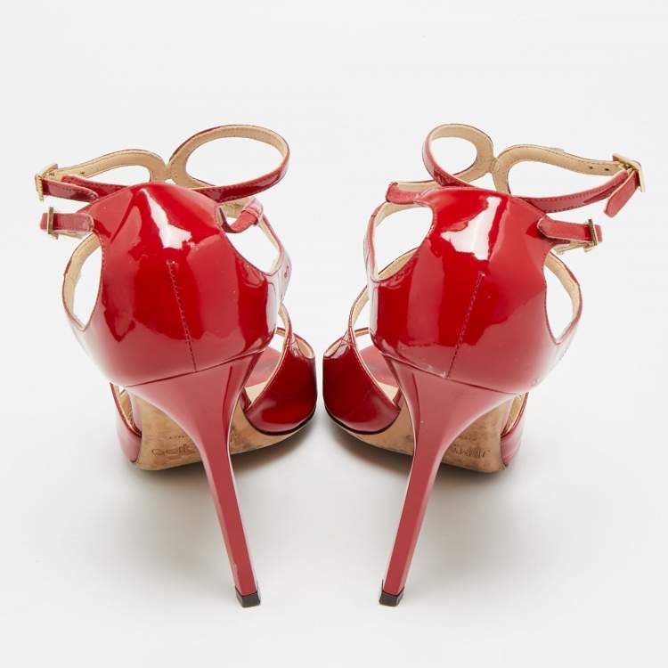 Pre Owned Jimmy Choo Lance Size 40 Red Patent Leather Ankle Strap Sandals