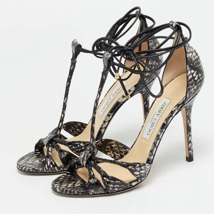 Pre Owned Jimmy Choo Size 38 Multicolor Python Leather T- Strap Sandals