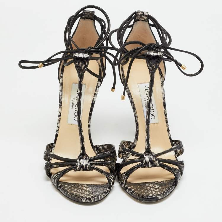 Pre Owned Jimmy Choo Size 38 Multicolor Python Leather T- Strap Sandals