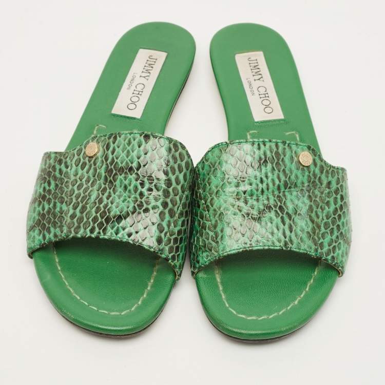 Pre Owned Jimmy Choo Nanda Size 35.5 Green Snakeskin Leather Flat Slides