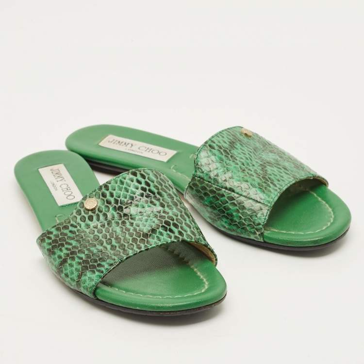 Pre Owned Jimmy Choo Nanda Size 35.5 Green Snakeskin Leather Flat Slides