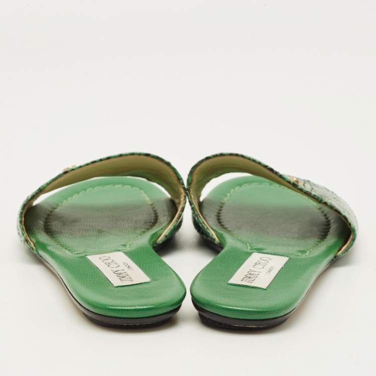 Pre Owned Jimmy Choo Nanda Size 35.5 Green Snakeskin Leather Flat Slides