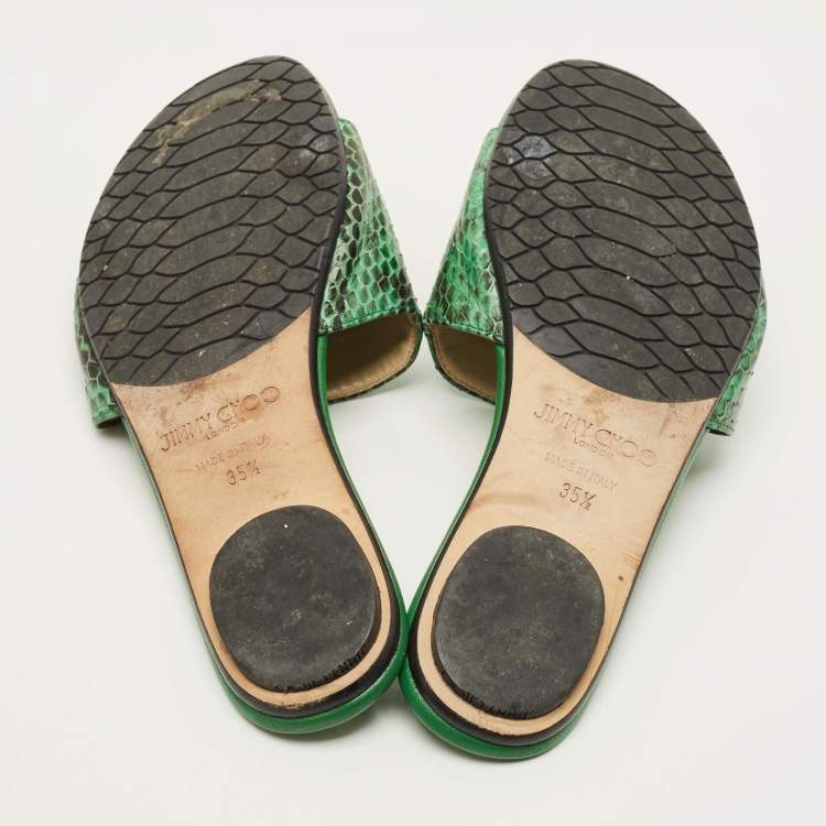 Pre Owned Jimmy Choo Nanda Size 35.5 Green Snakeskin Leather Flat Slides