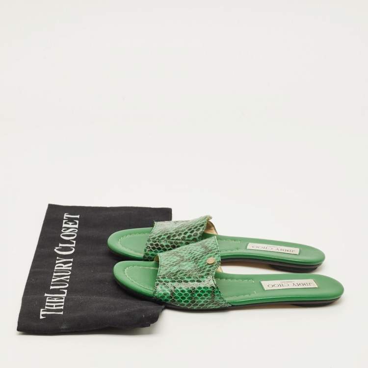 Pre Owned Jimmy Choo Nanda Size 35.5 Green Snakeskin Leather Flat Slides