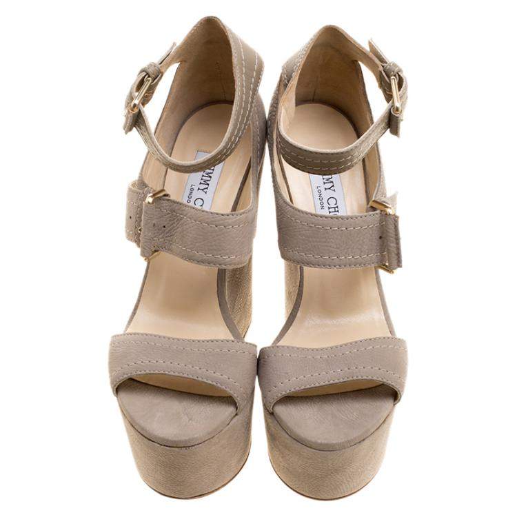 Pre Owned Jimmy Choo Grey Nubuck Leora Platform Wedge Ankle Strap Sandals Size 36.5