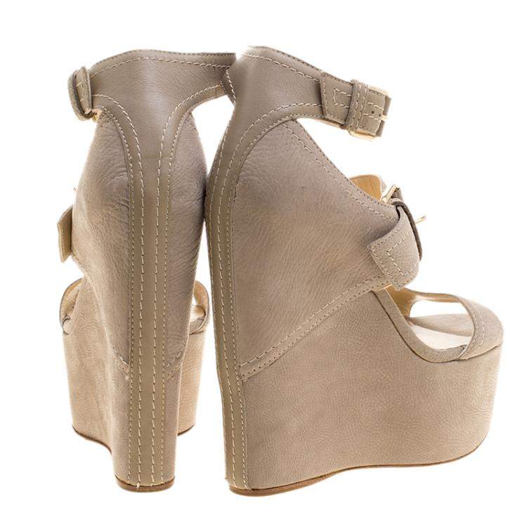 Pre Owned Jimmy Choo Grey Nubuck Leora Platform Wedge Ankle Strap Sandals Size 36.5