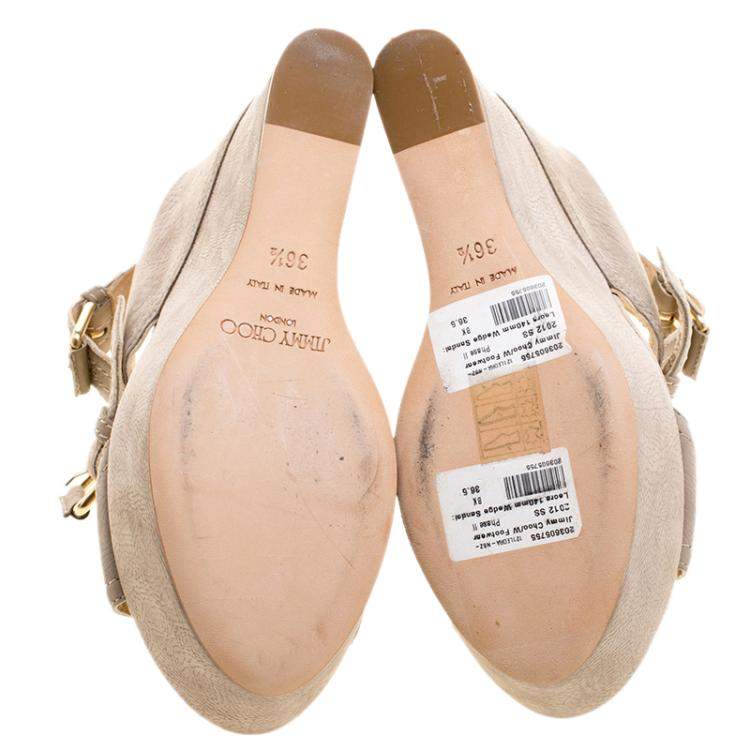 Pre Owned Jimmy Choo Grey Nubuck Leora Platform Wedge Ankle Strap Sandals Size 36.5