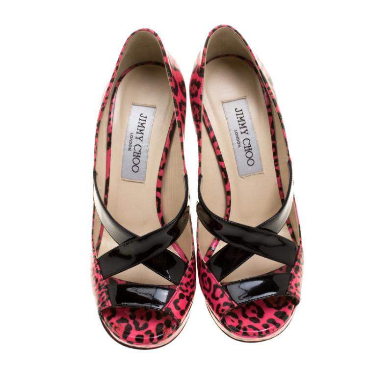 Pre Owned Jimmy Choo Pink Leopard Print Patent Leather Gesture Platform Pumps Size 36