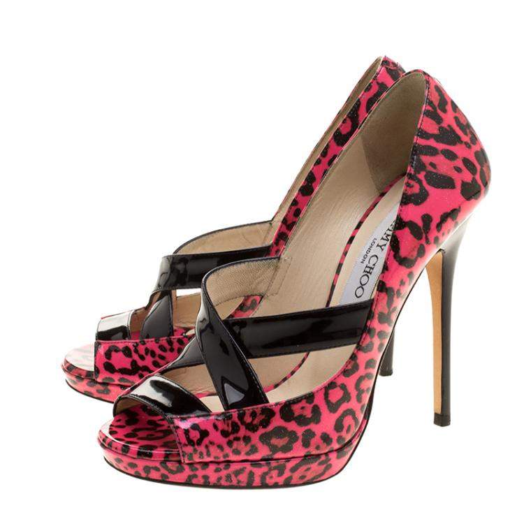 Pre Owned Jimmy Choo Pink Leopard Print Patent Leather Gesture Platform Pumps Size 36