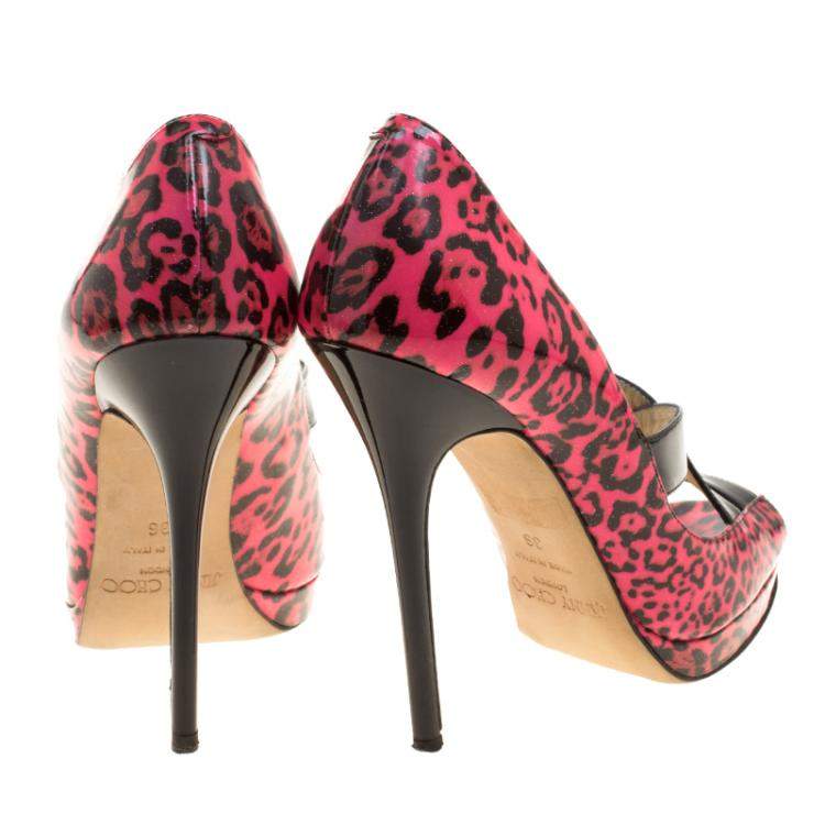 Pre Owned Jimmy Choo Pink Leopard Print Patent Leather Gesture Platform Pumps Size 36