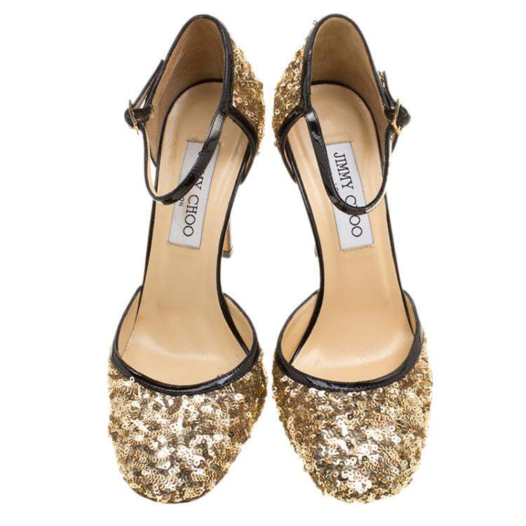 Pre Owned Jimmy Choo Metallic Gold Sequin and Leather Tessa Ankle Strap Sandals Size 36.5