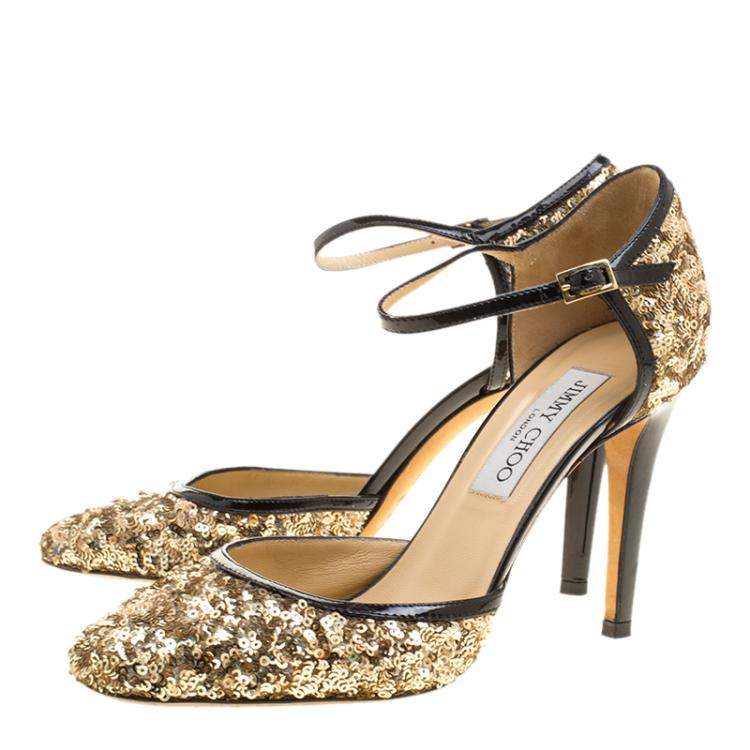 Pre Owned Jimmy Choo Metallic Gold Sequin and Leather Tessa Ankle Strap Sandals Size 36.5