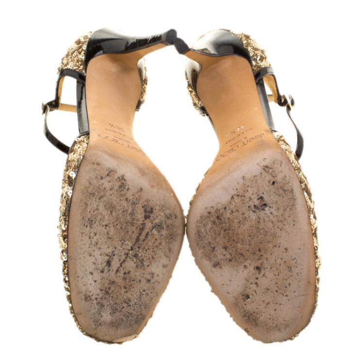 Pre Owned Jimmy Choo Metallic Gold Sequin and Leather Tessa Ankle Strap Sandals Size 36.5