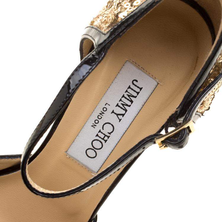 Pre Owned Jimmy Choo Metallic Gold Sequin and Leather Tessa Ankle Strap Sandals Size 36.5