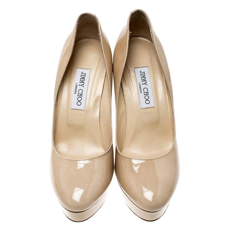 Pre Owned Jimmy Choo Beige Patent Leather Alex Platform Pumps Size 40.5