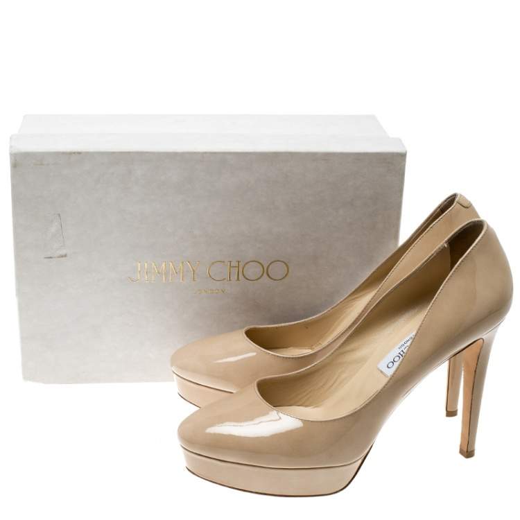 Pre Owned Jimmy Choo Beige Patent Leather Alex Platform Pumps Size 40.5