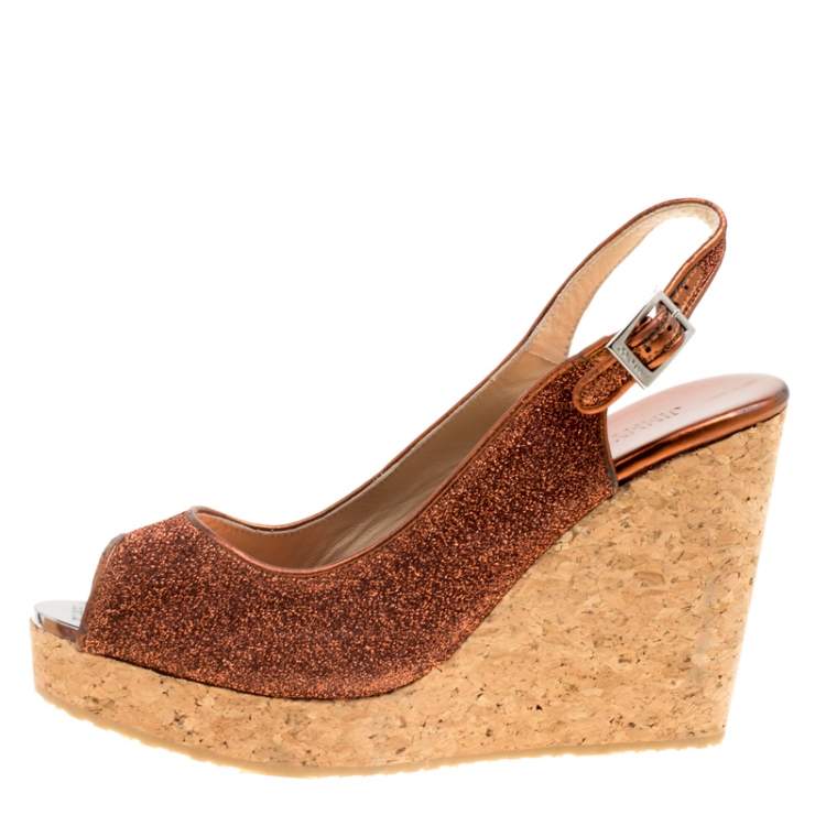 Pre Owned Jimmy Choo Metallic Pop Orange Lurex Prova Slingback Cork Wedge Sandals Size 41