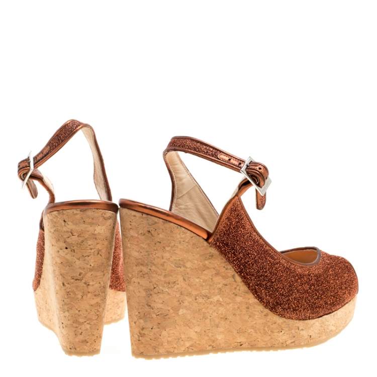 Pre Owned Jimmy Choo Metallic Pop Orange Lurex Prova Slingback Cork Wedge Sandals Size 41